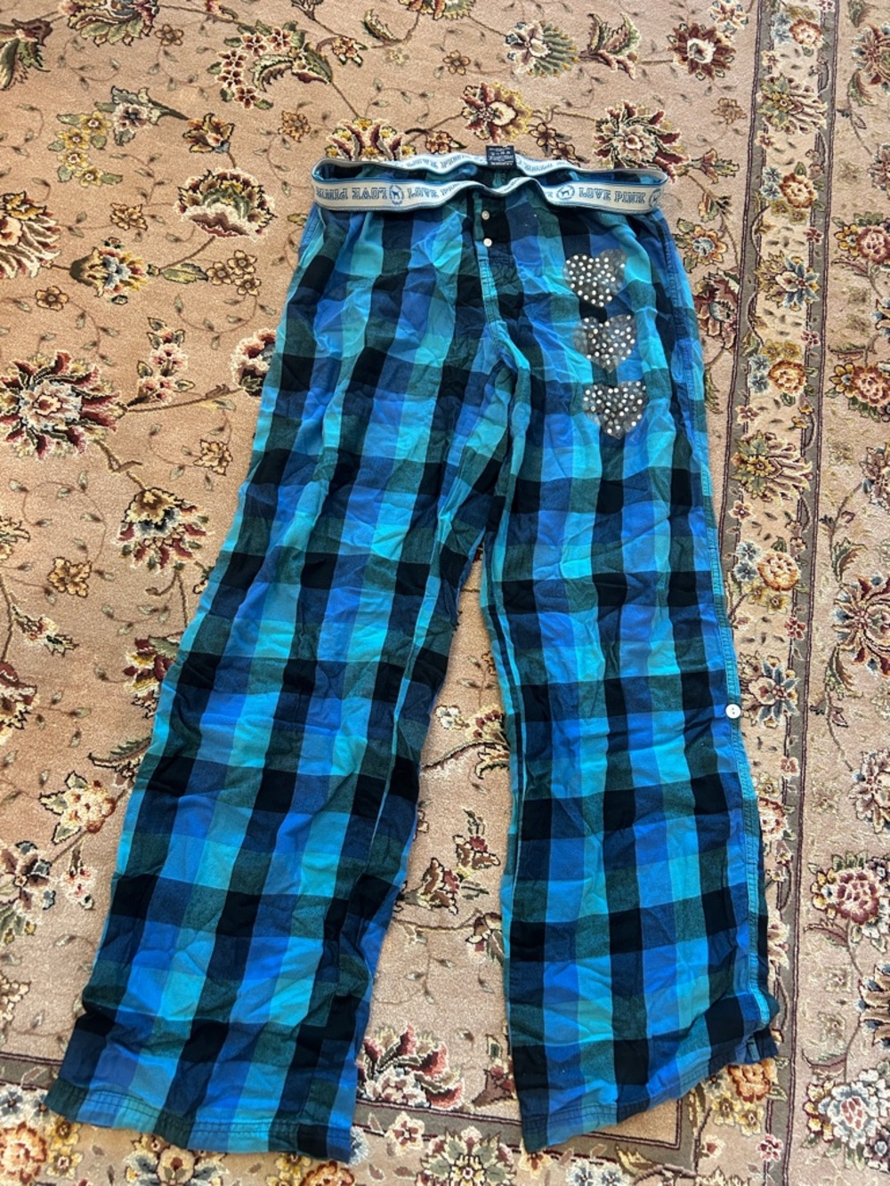 PINK Victoria's Secret Blue Flannel Plaid Pajama Lounge Bottoms Pants-Large